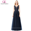 Grace Karin Elegant Deep V-Back Soft Tulle Netting Sleeveless Long Navy Blue Evening Dress 8 Size US 2~16 GK000130-1